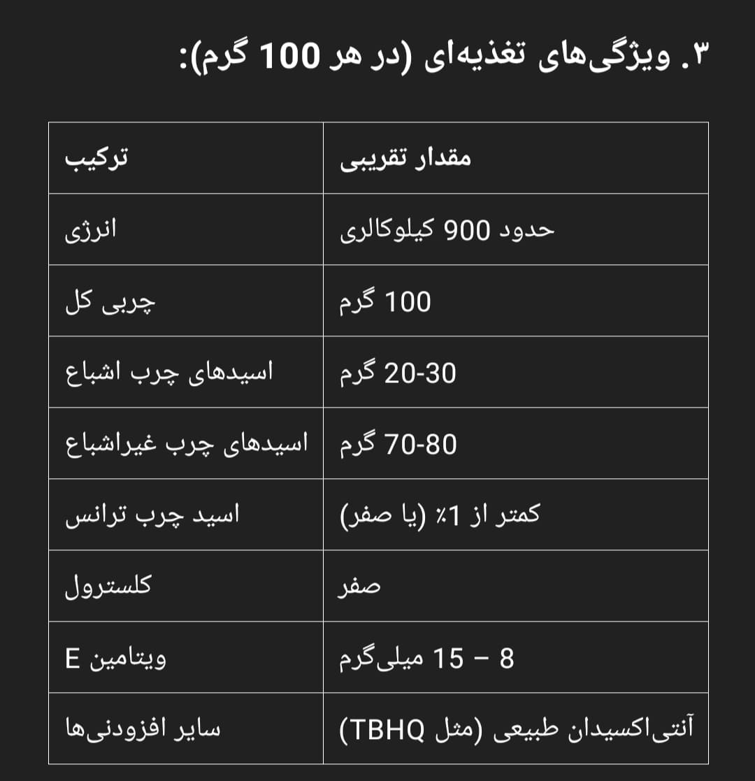شرایط تغذیه_ای در هر ۱۰۰ گرم روغن خوراک پخت و پز ۵ کیلویی