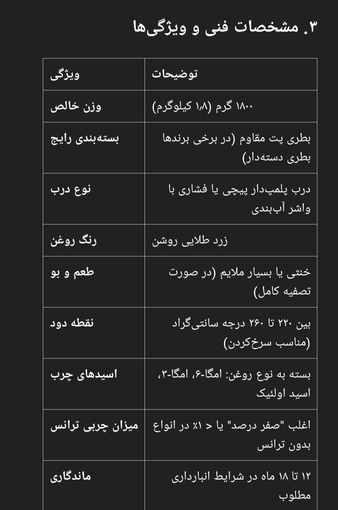 مشخصات و ویژگی روغن ۱۸۰۰ گرمی