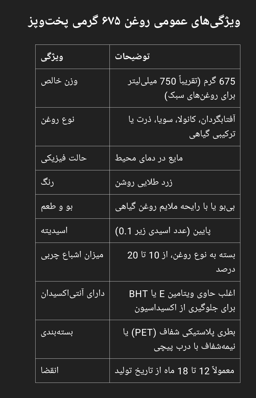 ویژگی_های عمومی روغن ۶۷۵ گرمی پخت و پز