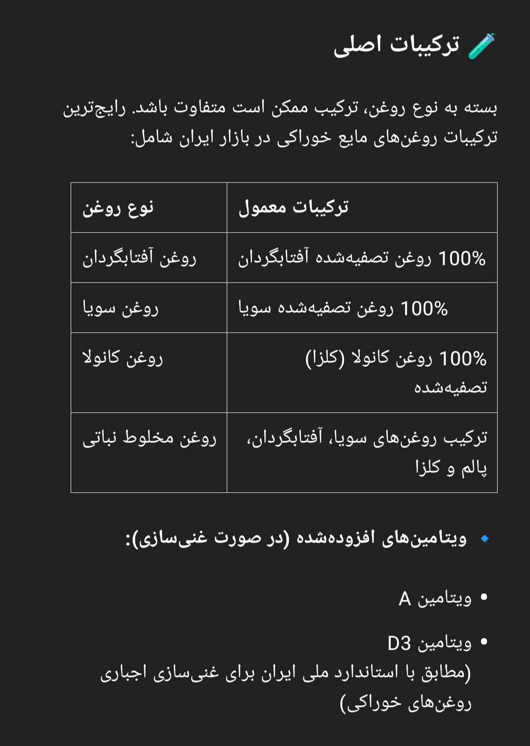 ترکیبات اصلی روغن مایع خوراکی ۱۳۵۰ گرمی