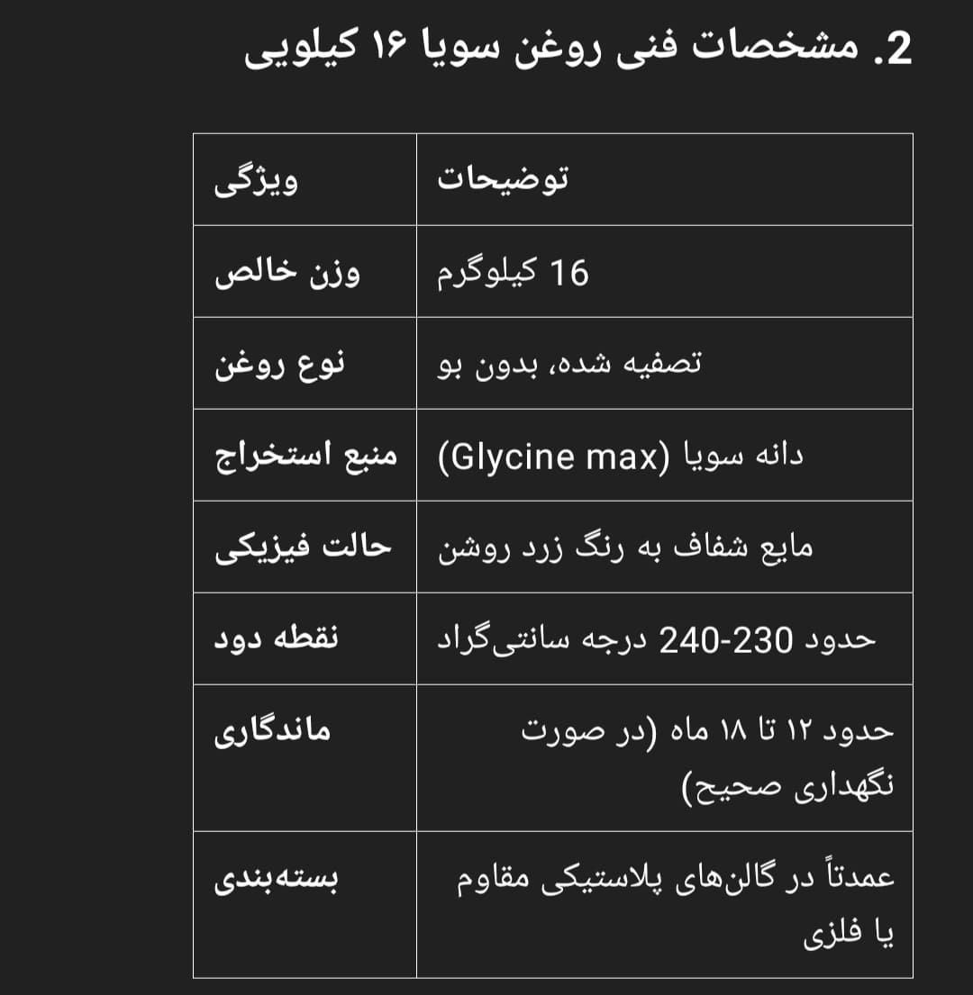 مشخصات فنی روغن سویا ۱۶ کیلویی